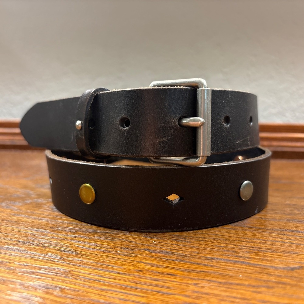 Fossil Leather Belt Unisex Black Brass Nickel Rose Gold Studded Size S EUC